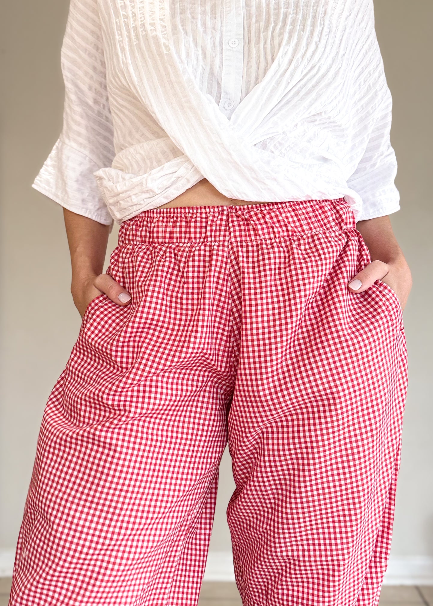 Red Gingham Barrel Pants