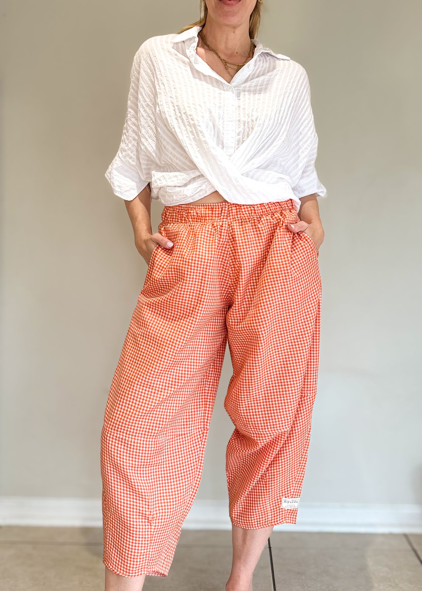 Tangerine Gingham Barrel Pants