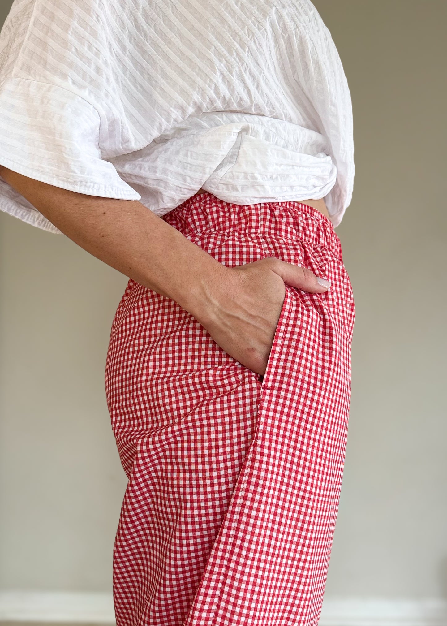 Red Gingham Barrel Pants