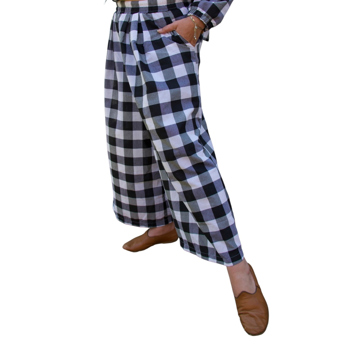 Gingham Pleat Wide Leg Pants